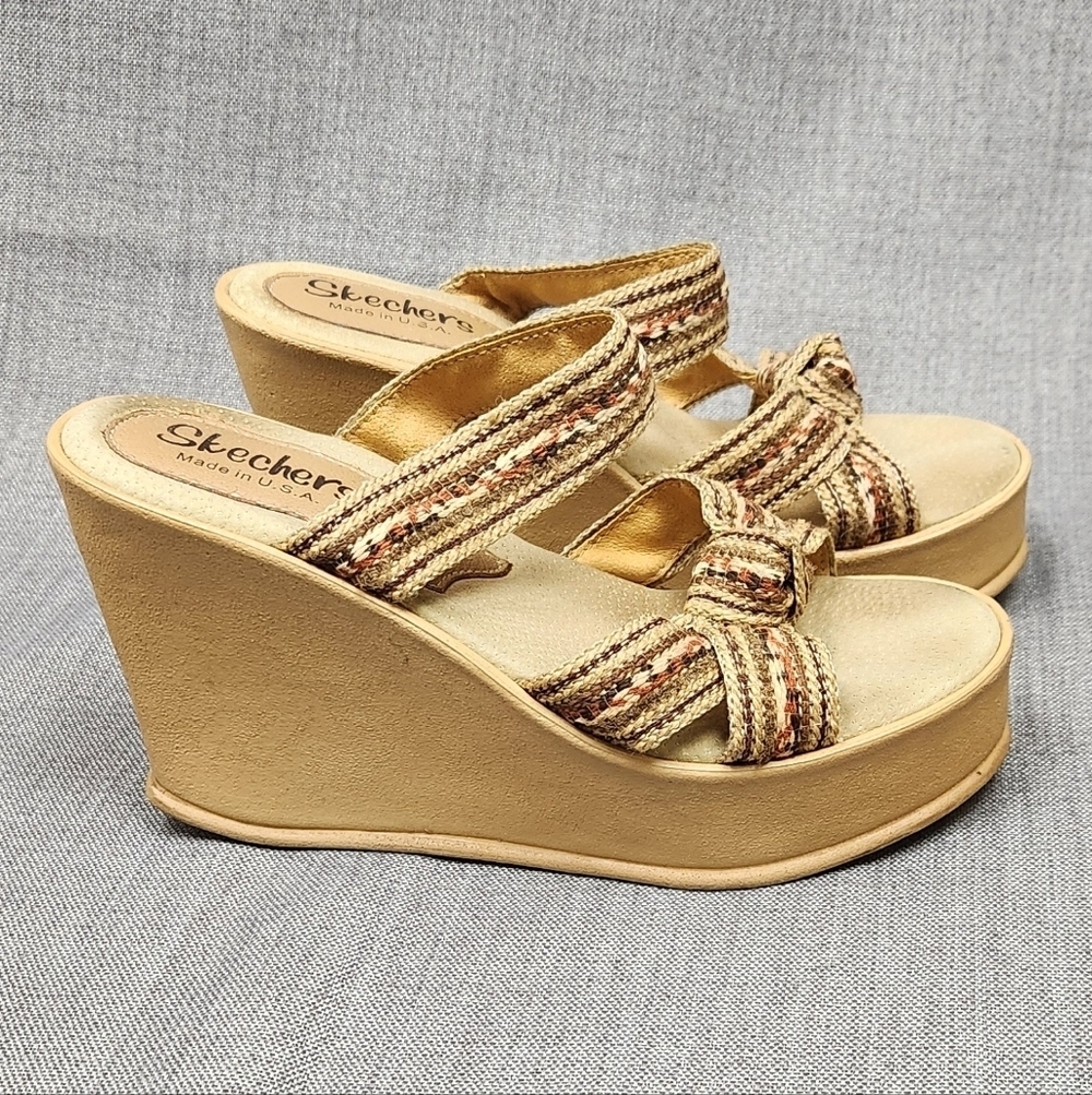 Vintage Skechers High 4 Inch Wedged Slip On Sandals Tan & Brown USA Made. 7 - Picture 4 of 9